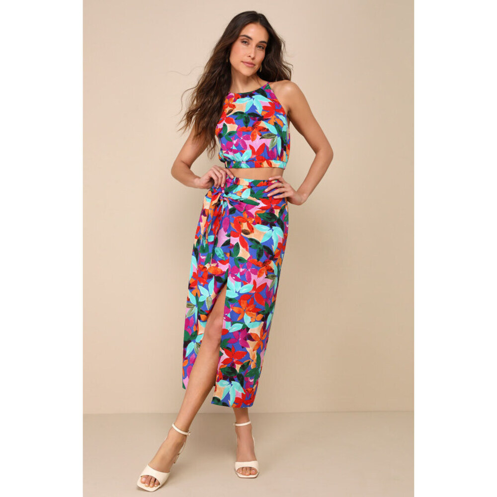 Lulus Gorgeous Destination Blue Multi Floral Two-piece Wrap Midi Dress - Size L